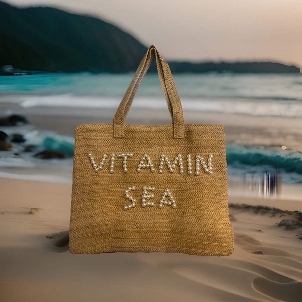 Urban Expressions woven beach bag Tan with pearl "Vitamin Sea" Style Brand New